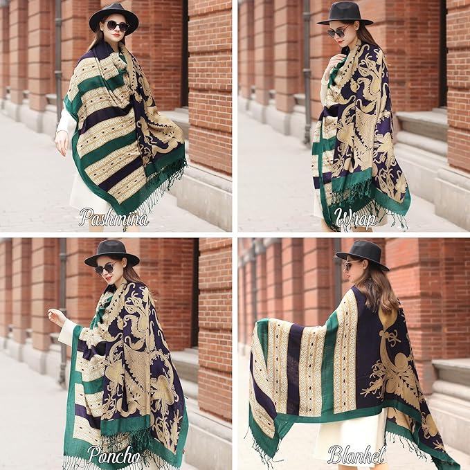 DANA XU 100% Merino Wool Pashmina Shawl for Women 96"x43", Oversized Cashmere Wrap with Tassels, Floral Travel Blanket Cape