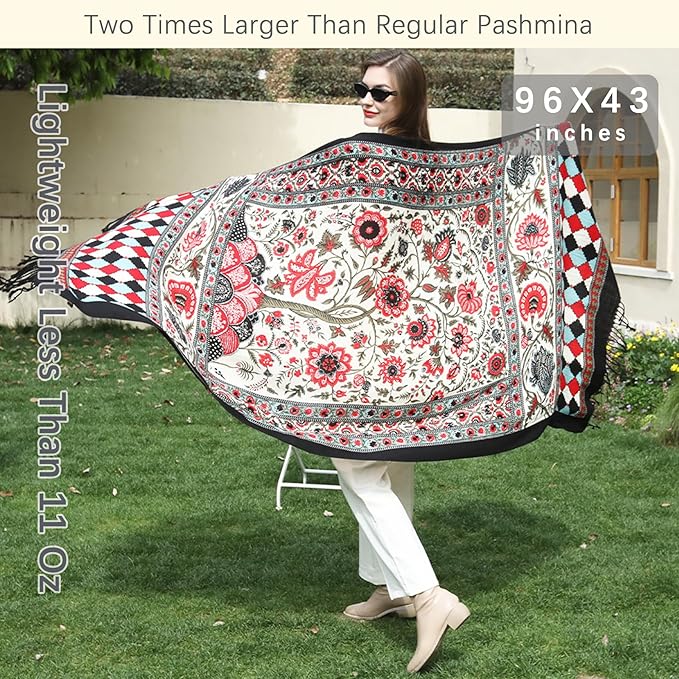 DANA XU 100% Merino Wool Pashmina Shawl for Women 96"x43", Oversized Cashmere Wrap with Tassels, Floral Travel Blanket Cape