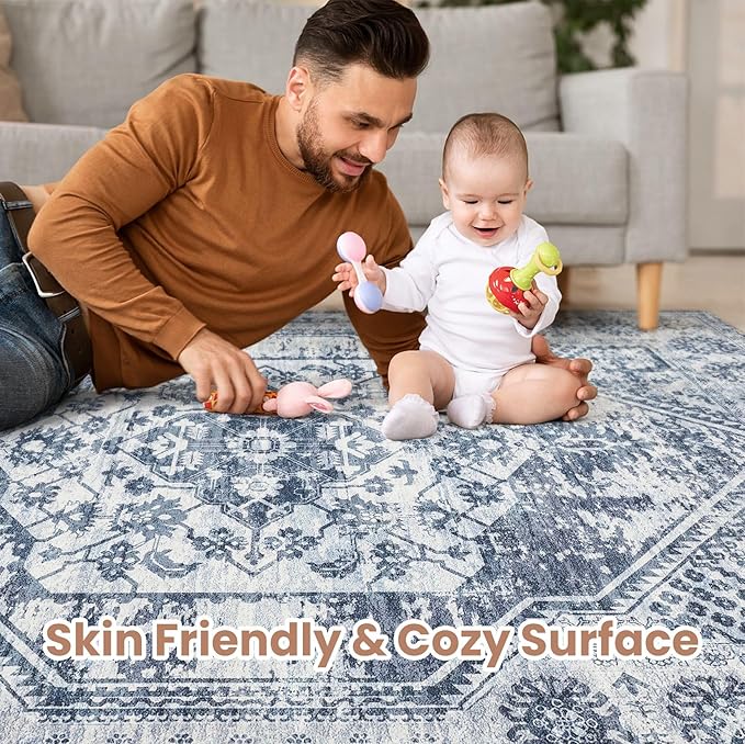 Vintage Living Room Area Rug 8x10 - Large Soft Washable Oriental Traditional Distressed Farmhouse Rugs for Bedroom - Indoor Floor Accent Carpet for Home Office House Decor - Distressed Blue