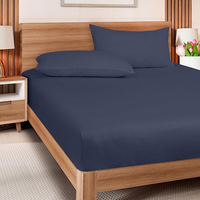 ROYALE LINENS 300 Thread Count 100% Long Staple Combed Cotton Fitted Sheet Queen - Super Soft Deep Pocket Bottom Sheet - Fitted Sheets Only - Elastic Sheets (Queen, Navy)