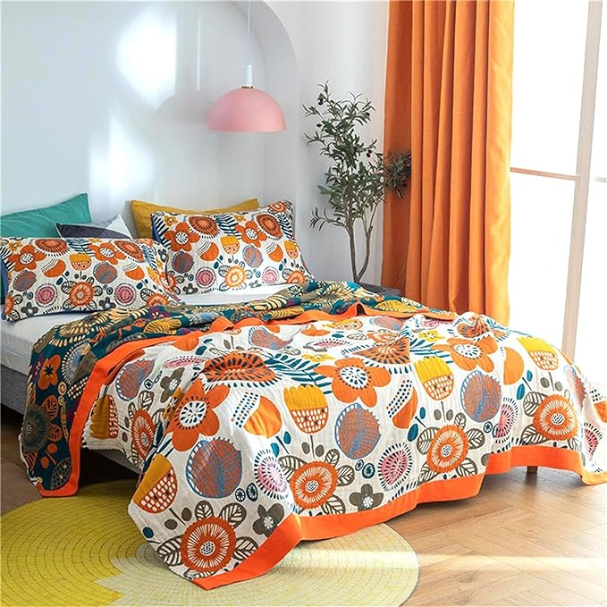Cotton Throw Blanket for Couch Bed 100% Cotton Quilt 90''x 98'', Boho Floral Blanket Cozy Soft Muslin Farmhouse Bed Blanket Decorative Christmas Blankets Gifts for Women Mom