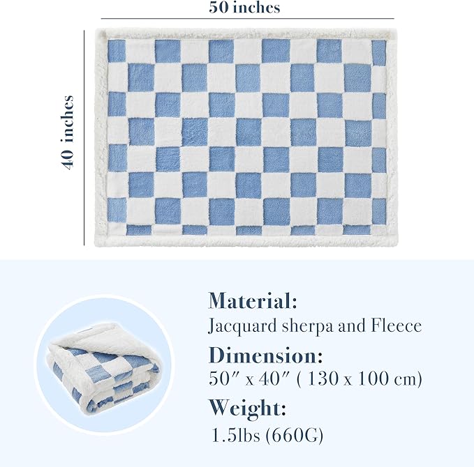 Checkered Dog Blanket, Blue Jacquard Sherpa Blankets for Small Dog and Cats, Cute Aesthetic Style Fluffy Fleece Pets Blanket for Couch Protection Washable, 40"x50"