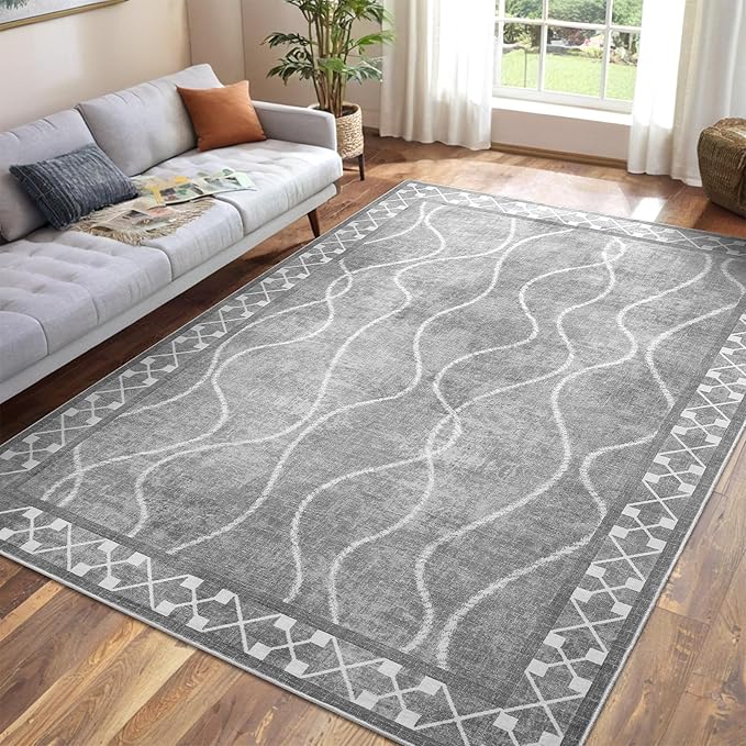 4x6 Area Rugs for Living Room Bedroom, Machine Washable Low Pile Rugs, Non Slip Modern Bordered Print Indoor Carpet for Entryway Office Dining Room Dorm Home Decor,Light Grey