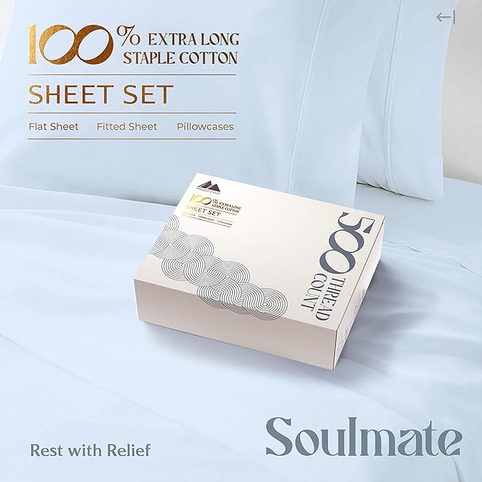 Mayfair Linen 100% Cotton Bed Sheets California King Sheet Set - 500 Thread Count Sheets Cal King Size 4 PC Set (Light Blue), Soft, Cooling, 16" Deep Pocket Sateen Cotton Bedsheet for Hot Sleepers