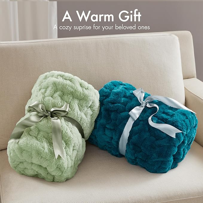 Madison Park Ruched Luxury Throw Premium Soft Cozy Brushed Long Faux Fur for Bed, Couch or Sofa, 50"x60", Sage Green