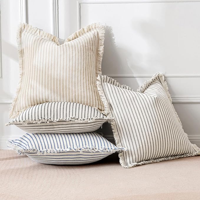 MIULEE Pack of 2 Royal Blue Pillow Covers 22x22 Inch Striped Farmhouse Couch Throw Pillow Covers with Fringe Chic Linen Decorative Cushion Covers for Sofa Living Room Bed Outdoor Home Decor