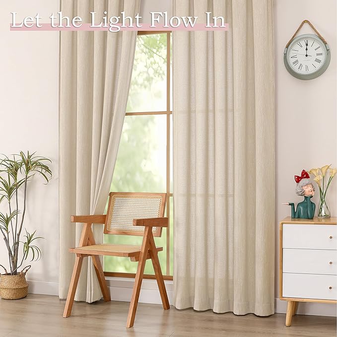Simplebrand Natural Short Faux Linen Textured Cafe Kitchen Curtains 36 Inch Length 2 Panels, Over Sink Semi Sheer Farmhouse Light Filtering Panels Rod Pocket Drapes for Bathroom Window, 40 x 36 Inch
