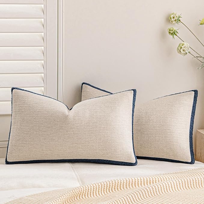 a moment Loop Yarn Linen-Like Pillow Cover Natural Soft Decorative Throw Pillow Case Farmhouse 12x20 Inch, Bohemian Textured Cushion Cover for Sofa Bed, Wrinkle-Resistant Home Decor Navy Blue