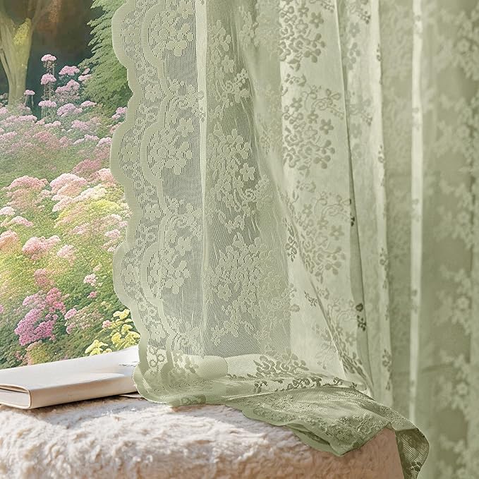 Anmao Vintage Lace Curtains 72 Inches Long 2 Panels Set, Romantic Elegant Light Filtering Semi Sheer Floral Thick Lacy Curtain Drapes for Living Room and Bedroom, Each Panel 55W x 72L, Dry Grass Green