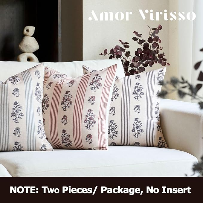 Amor Virisso Floral Throw Pillow Covers 20x20 Set of 2 Block Print Pillow Covers Neutral Floral Striped Farmhouse Decorative Pillow Covers for Sofa Couch Bed, Light Taupe
