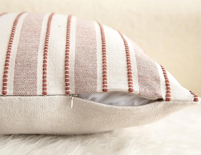 Decorative Boho Throw Pillow Covers, Farmhouse Textured Pillow Case, 20 x 20 Inch Set of 2, Chair Sofa Bedroom Living Room Home Decor Couch Cushion Case, Rust and Beige Striped