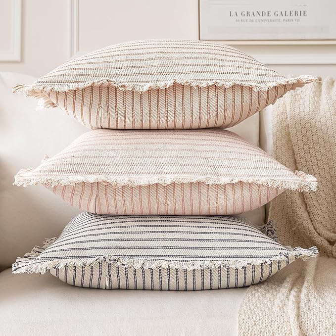 MIULEE Pack of 2 Pink Pillow Covers 20x20 Inch Striped Farmhouse Couch Spring Throw Pillow Covers with Fringe Chic Cotton Decorative Cushion Covers for Sofa Living Room Bed Outdoor Home Decor