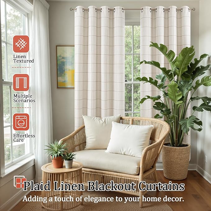 Linen Blackout Curtains for Living Room - Plaid Patterned Curtains 72 Inch Long, Boho Black Out Thermal Insulated Drapes for Cottage Bedroom Grommet Style 52x72 Inch 2 Panels, Natural