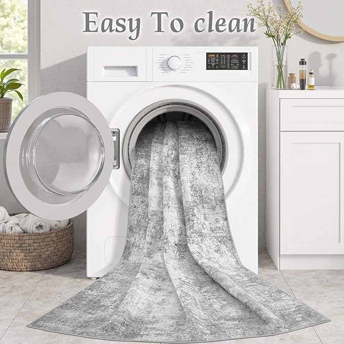 Washable 5X7 Area Rug: Modern Abstract Soft Non-Slip Indoor Rugs Home Decor - Low Pile Stain Resistant Foldable Carpet for Living Room Bedroom Dining Room Playroom Office(Grey,5'x7')