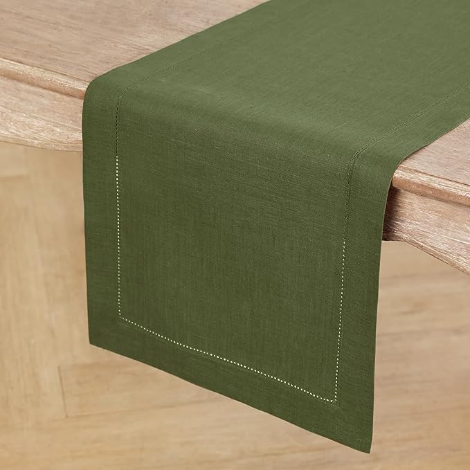 Solino Home Linen Table Runner 48 Inches - 100% Pure Linen Olive Hemstitch Table Runner 14 x 48 Inch Ideal for Dresser and Coffee Tables - Classic Hemstitch - Christmas, New Year