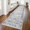 KUTA Vintage Long Runners for Hallways, 2.6x12 Grey Blue Washable Non-Slip Kitchen Rugs Ultra Thin Soft Printed Distressed Oriental Floral Floor Carpet for Laundry Bedroom Living Room Nursery