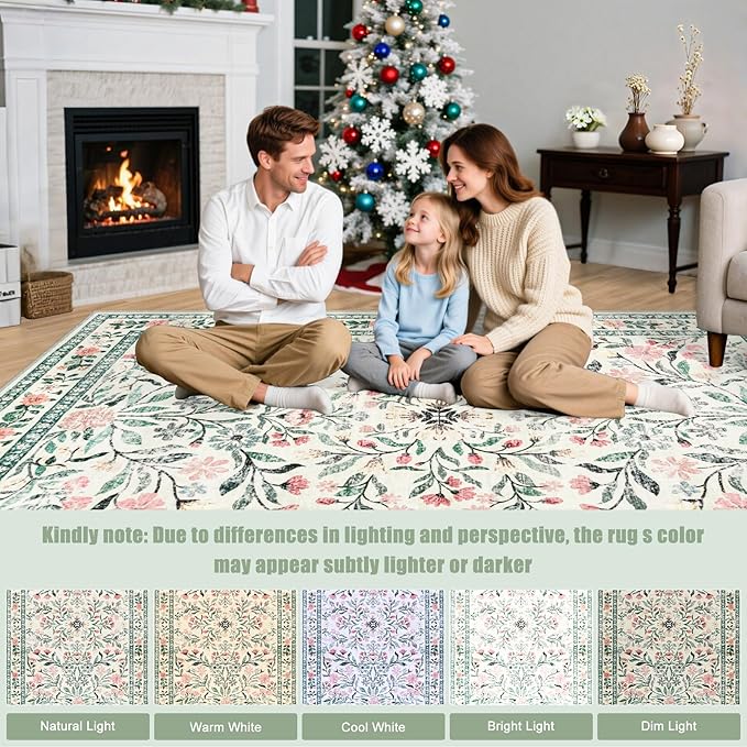 6x9 Area Rugs for Living Room: Floral Washable Rug Vintage Large Soft Boho Non-Slip Carpet Indoor Stain Resistant Thin Carpets for Bedroom Dining Room Farmhouse Nursery Hallway Home Office Green Beige