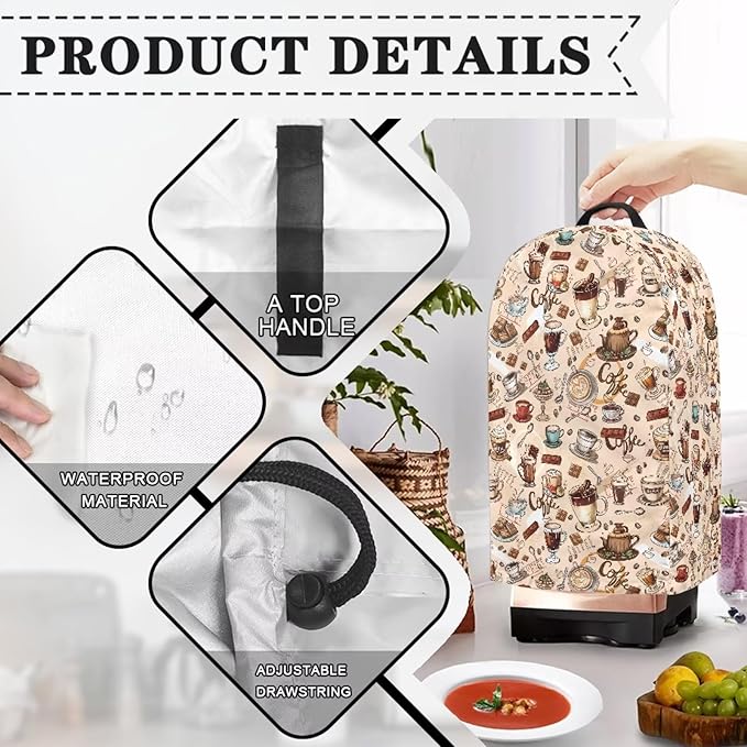 Brown Coffee Themed Patterns Blender Dust Cover Food Processor Cover Coffee Machine Appliance Covers for Kitchen Counter Blender Covers for Kitchen Machine