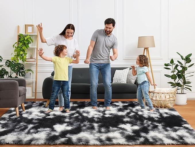 ONASAR 8x10 Area Rugs for Living Room, Black and White Large Fluffy Bedroom Rug, Washable Soft Plush Thick Shaggy Big Floor Carpet for Kids Boy Girls Teen Dorm Nursery Indoor Home Decor Aesthetic