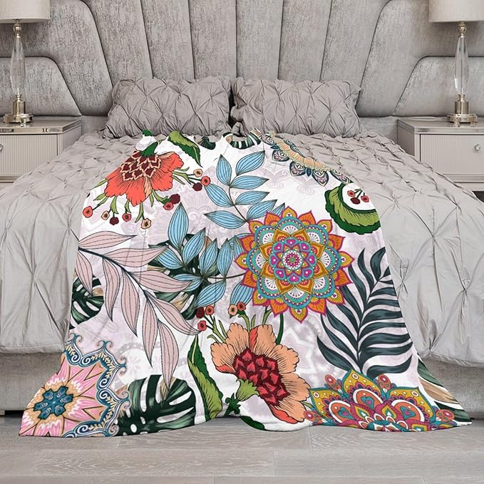 Boho Flowers Blanket for Women Girls, Rustic Bohemian Mandala Palm Leaves Plants Botanical Print Blanket for Bedroom Living Room Couch Sofa, 30"x40"