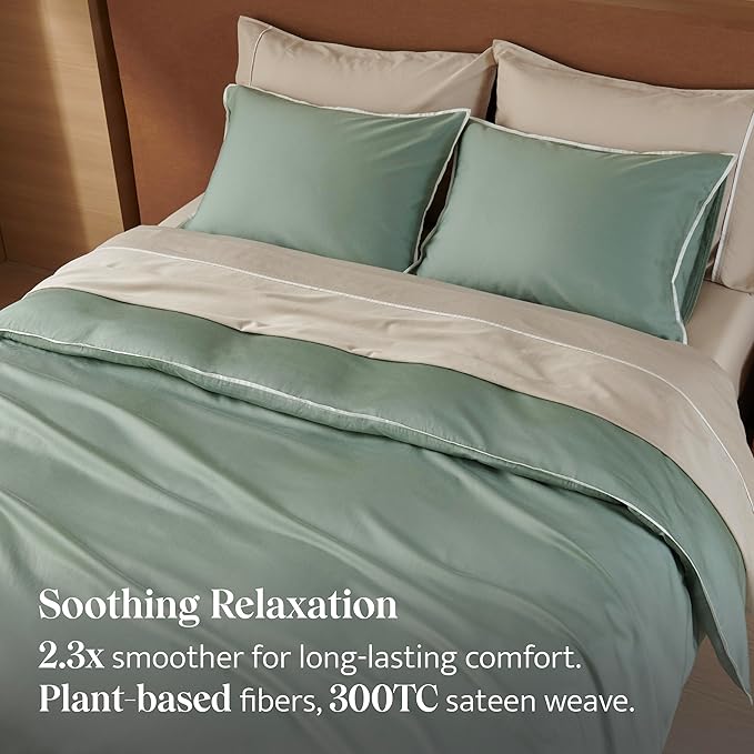 Double Stitch Cotton Tencel Duvet Cover - Queen Size Comforter Cover, Luxury & Soft Eucalyptus Lyocell Bedding Set for Hot Sleepers, Cooling & Breathable, Button Closure, Sage Green Contrast, 90"x90"