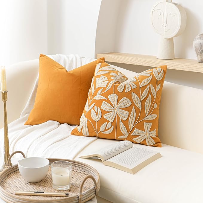 BlissBlush Fall Throw Pillow Cover 20x20, Yellow Mustard Soft Velvet Floral Decorative Accent Throw Pillowcase, Tufted Farmhouse Textured Pillowcase for Couch Sofa Bed Living Room Home Décor