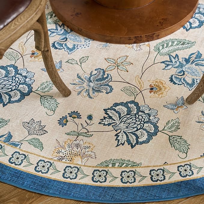 jinchan Elora Floral Corner Rug for Washable Nursery Rug Vintage Romance Design Non Slip Quarter Circle Lightweight Low-Pile Throw Carpet for Playroom Reading Nook Office, 5ft Radius, Blue/Beige