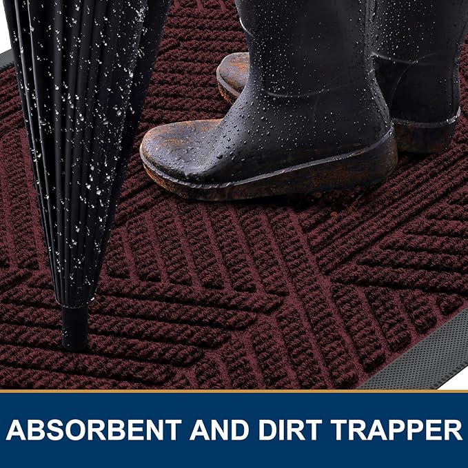 Smiry Front Door Mat Outside Entrance, Heavy Duty Sturdy Natural Rubber Doormat, Trap Dirt and Moisture, Easy Clean Low Profile Mats for Indoor Outdoor Entry, Irregular Triangle (59x24, Dark Red)