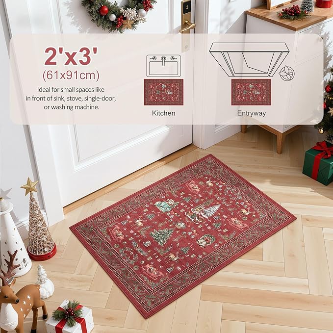 Christmas Living Room Area Rug 2x3 - Large Soft Washable Oriental Traditional Distressed Farmhouse Rugs for Bedroom - Indoor Floor Accent Carpet for Home Office House Decor - Red