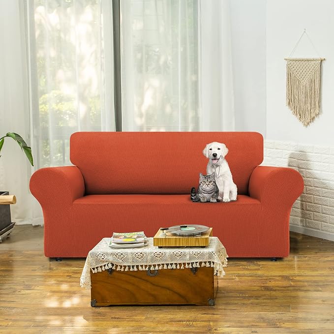 LURKA Stretch Loveseat Sofa Slipcovers 1 Piece Couch Covers for Sofa Furniture Protector Full Sofa Covers with Elastic Bottom for Kids and Dog (Medium, Pumpkin)