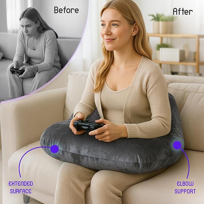 MELLO Lap Pillow for Reading – Memory Foam Gaming Pillow for Lap, Crochet, Crafting, Knitting, Elbow and Arm Support Cushion for Rest in Couch and Bed (Dark Gray, Oversized)