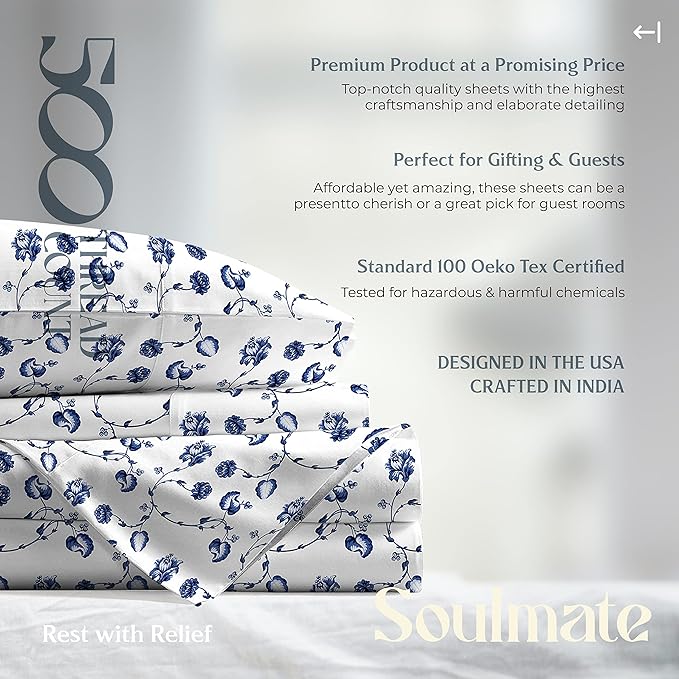 Mayfair Linen 100% Cotton Printed Bed Sheets Twin XL Set - 500 Thread Count Cotton Twin XL Sheets Only, 3 PC Set (Floral Blue), Soft, Cooling, Sateen Weave 16" Deep Pocket Dorm Room Bedsheet
