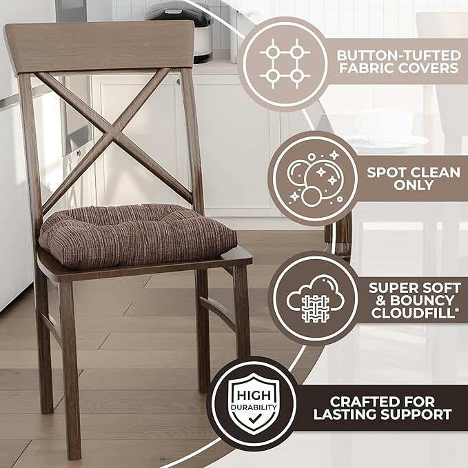 Klear Vu Gripper Overstuffed Universal Non-Slip Dining Chair Cushions for Kitchen Decor or Office Use, U-Shaped Skid-Proof Seat Pad, 17x17 Inches, 2 Count (Pack of 1), Chenille Chocolate Brown