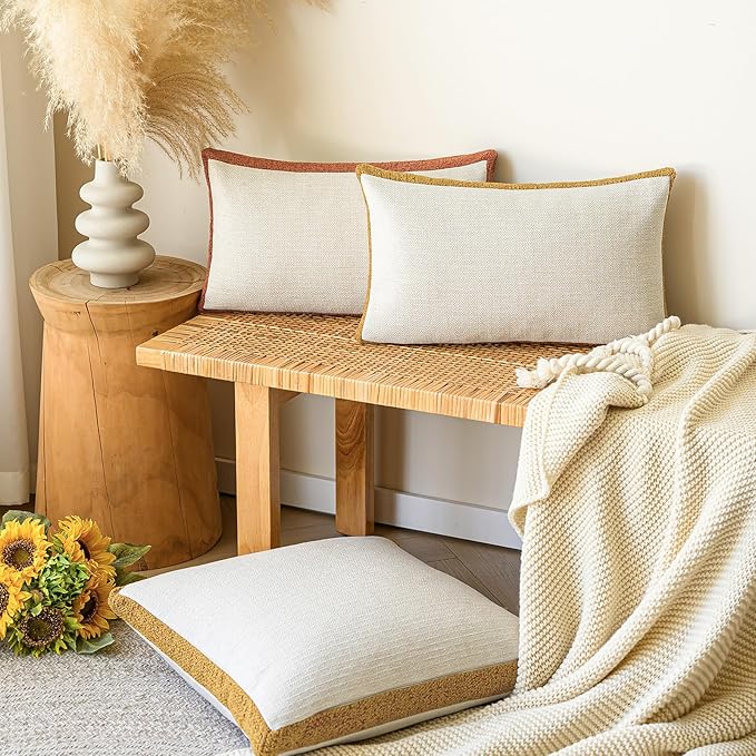a moment Loop Yarn Linen-Like Pillow Cover Natural Soft Decorative Throw Pillow Case Farmhouse 18x18 Inch, Bohemian Textured Cushion Cover for Sofa Bed, Wrinkle-Resistant Home Decor Mustard Yellow