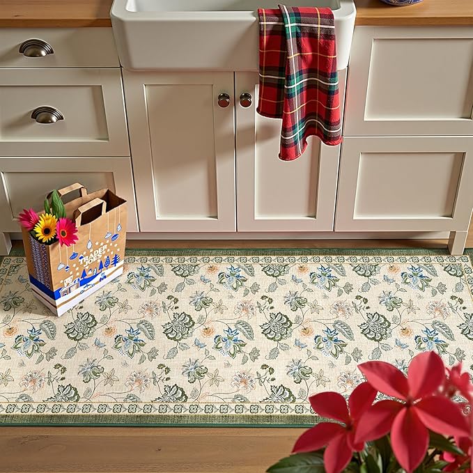 jinchan Elora 2x5 Floral Runner Rug for Hallway Washable Runner Vintage Romance Christmas Design Non Slip Thin Indoor Floor Cover Low-Profile Throw Carpet for Entryway Bedroom Porch, Green/Beige