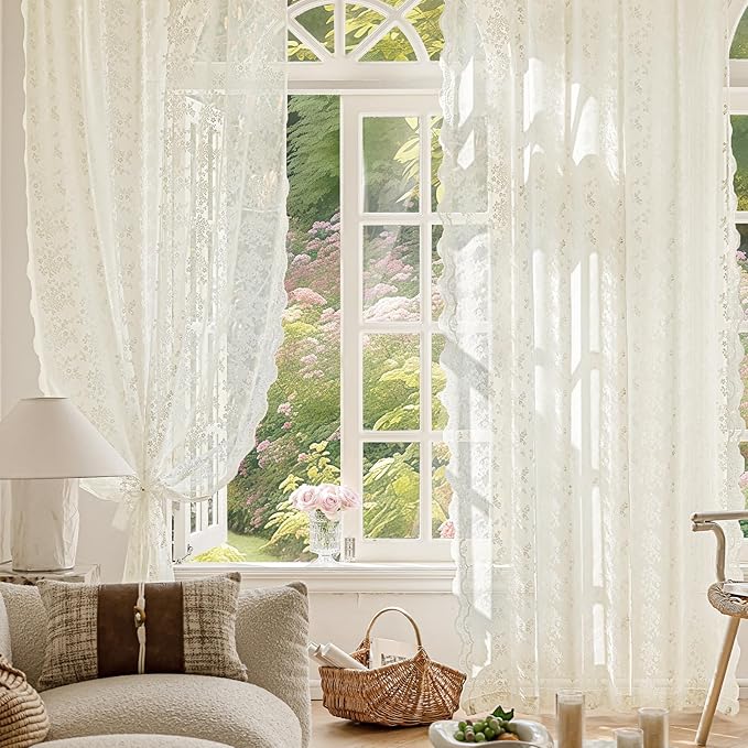Anmao Vintage Lace Curtains 120 Inches Long 2 Panels Set, Romantic Elegant Light Filtering Semi Sheer Floral Thick Lacy Curtain Drapes for Living Room and Bedroom, Each Panel 55W x 120L, Ivory