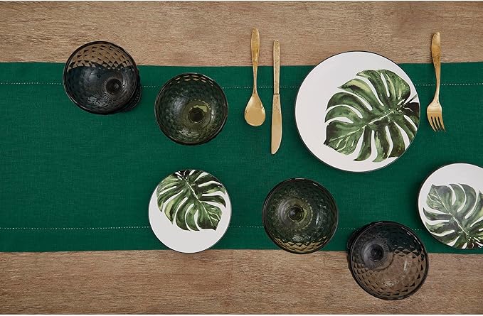 Solino Home Linen Rainforest Green Table Runner 144 Inches Long - 100% Pure Linen Extra Long Table Runner 14 x 144 Inch for Christmas, Winter, New Year - Classic Hemstitch