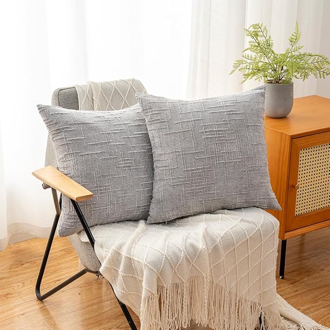 Decorative Throw Pillow Covers 22x22 Inch Set of 2, Soft Solid Farmhouse Chenille Couch Pillows, Spring Pillow Covers for Couch Sofa Bed Living Room Home Decor Pillowcase, Light Gray