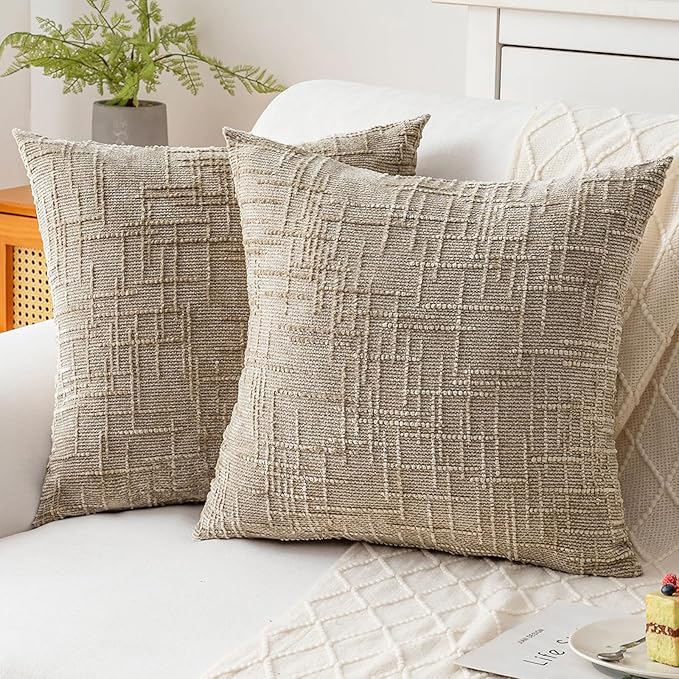 Decorative Throw Pillow Covers 22x22 Inch Set of 2, Soft Solid Farmhouse Chenille Couch Pillows, Spring Pillow Covers for Couch Sofa Bed Living Room Home Decor Pillowcase, Light Khaki