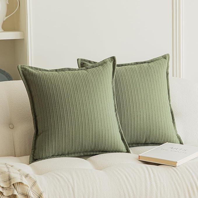 Set of 2 Cozy Striped Herringbone Flange Throw Pillow Covers, Aesthetic Embossed Pattern Pillow Covers for Couch and Bed - 16"x16", Sage Green