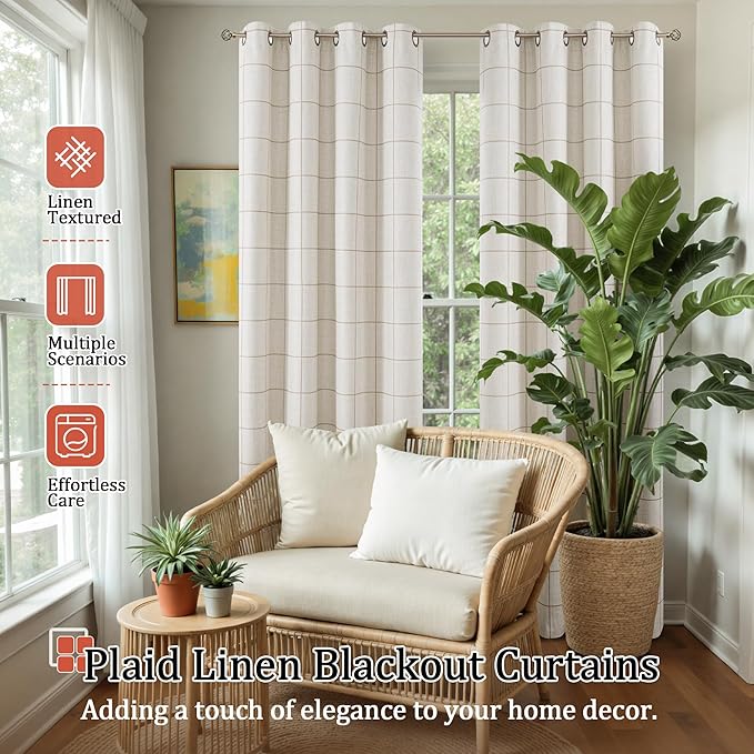 Linen Blackout Curtains for Living Room - Boho Plaid Pattern Thermal Insulated Grommet Cottage Core Window Treatments Rustic Drapes for Farmhouse, 52x84 Inch 2 Panels, Natural