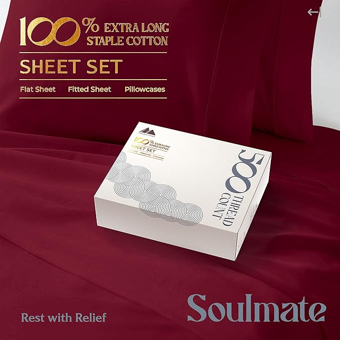 Mayfair Linen 500 Thread Count California King Cotton Sheets - 4 PC Cal King Size Bed Sheet Set Cotton (Burgundy), Soft, Cooling, Sateen 16" Deep Pocket Bedsheet for Hot Sleepers (Fits 18" Mattress)
