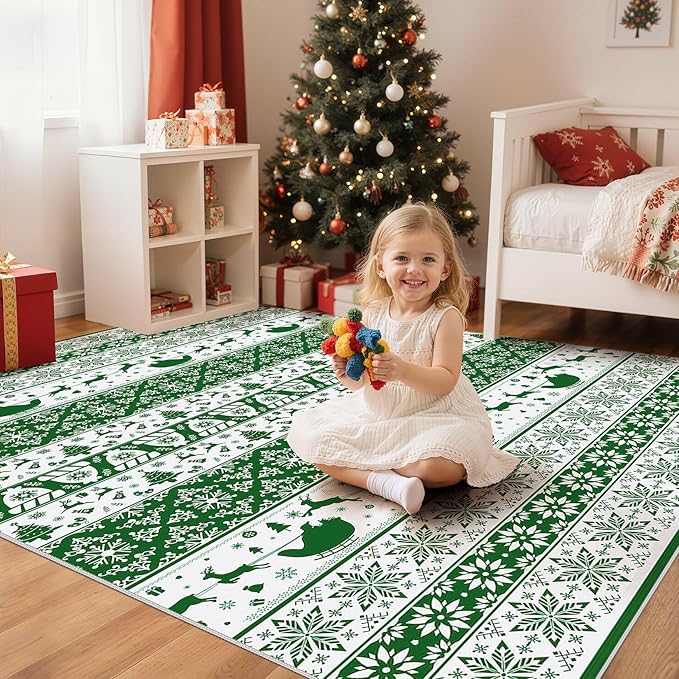 Abstract Living Room Rug 5X7 - Modern Washable Christmas Soft Thin Area Rug for Living Room Bedroom Under Dining Table - Neutral Indoor Floor Rug Carpets for Home Office Playroom Nursery - Green White