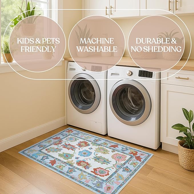 Fame Living Oushak Rug, Colorful Vintage Eclectic Turkish Floral Pastel Large Oversized Area Rugs for Living Room Dining Bedroom Kitchen Bathroom 2'x3'