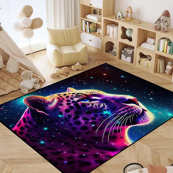 Galaxy Leopard Rug Fierce Panther Head Area Rugs for Boys Kids Bedroom Living Room Gameroom Girls Glitter Carpet Floor Mat Throw Rugs 47 in X 31 in