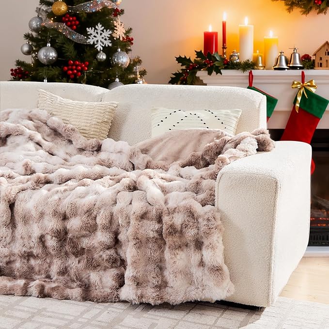 Lotus Karen Faux Fur Throw Blanket Tie-Dye Beige - Big Bubble Rabbit Fluff Blanket for Couch, Small Fluffy Fuzzy Cozy Blankets,Thick Furry Plush Shaggy Blankets,60x80 Inches