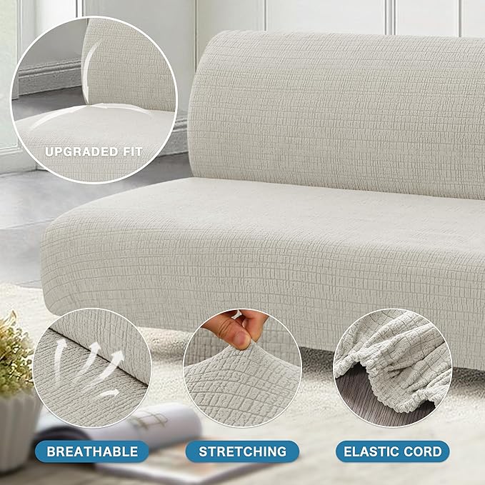 H.VERSAILTEX 100% Waterproof Jacquard Futon Cover Stretch Armless Sofa Cover Soft Futon Slipcover with Elastic Bottom Thick Sofa Bed Furniture Protector Covers for Washable Futon，Pale Oak