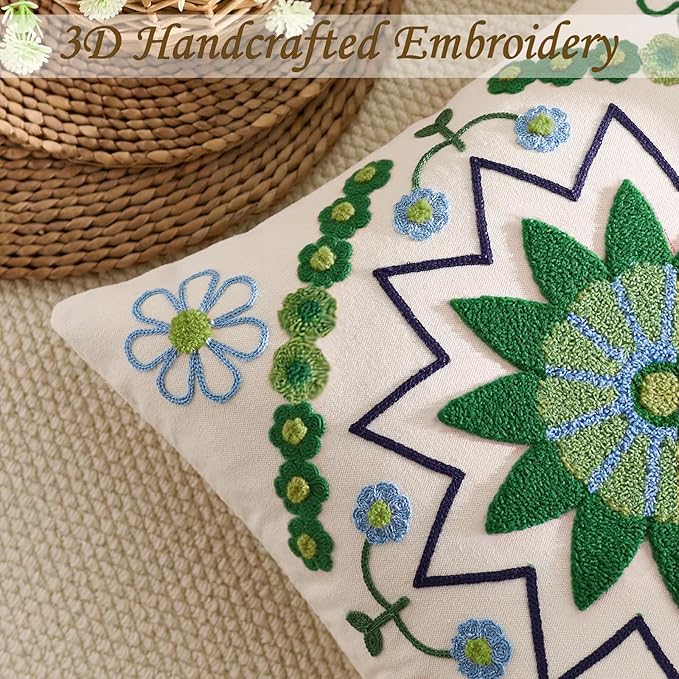 Embroidered Throw Pillow Cover 22x22 Classic Boho Floral Pattern Pillows Cover Outdoor Decorative Pillowcase,Durable Cozy Textured Cushion Case for Sofa Couch Bed Living Room,Green
