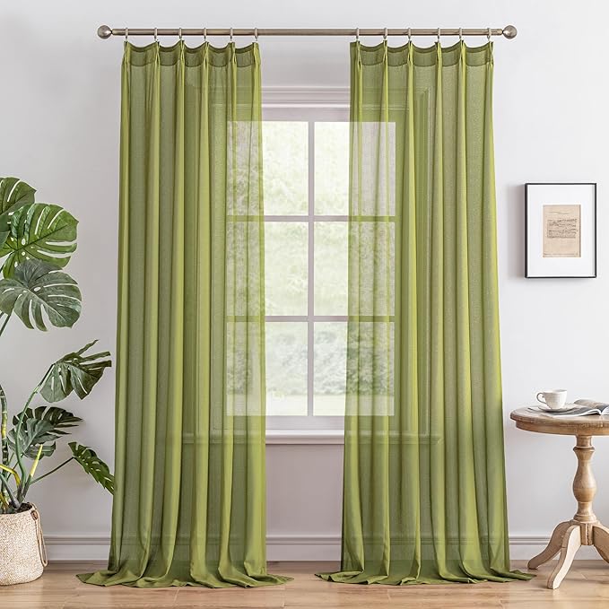 MAIHER 132 Inch Pinch Pleat Sheer Curtains 11ft Length Floor to Ceiling Light Filtering Sage Green Pleated Drapes with Adjustable Hooks for Living Room, Sage Green, 42" W x 132" L, 2 Panels