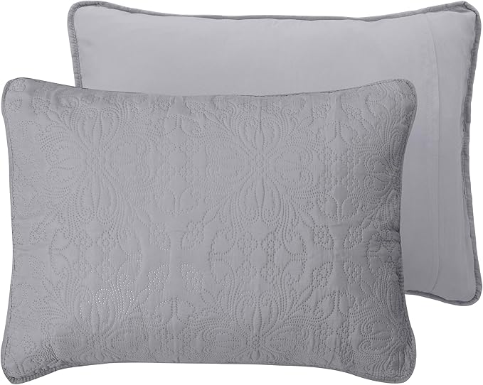 Easy-Going Full/Queen Size Reversible Quilt Set with 1 Quilt and 2 Pillow Shams, Soft Bed Quilt Cover, Water Resistant Lightweight Microfiber Bedspread, Stain Resistant, Damask-Light Gray/Ivory